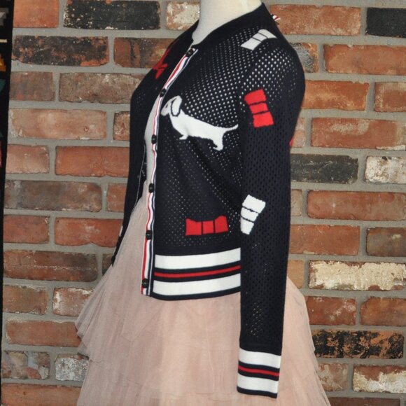 THOM BROWNE Pointelle Hector Bow Navy Wool Cardigan Intarsia-knit Sweater S - Picture 7 of 16